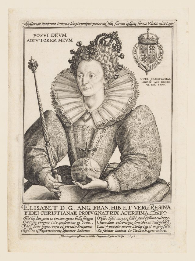 Engraved full-length portrait of Elizabeth I holding a sceptre and orb, with a Latin verse beneath