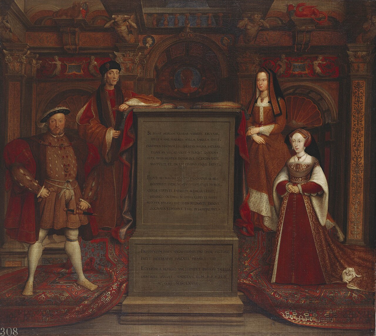 A painted copy of Holbein's Whitehall mural: Henry VIII standing in the foreground with legs apart, his father Henry VII behind him, and the two queens, Elizabeth of York and Jane Seymour, on either side of a tablet.