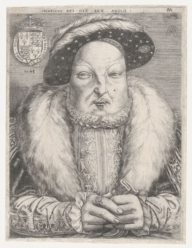 Engraved portrait of Henry VIII in a plumed hat and fur-trimmed gown, with the legend HENRICVS DEI GRA REX ANGLIE