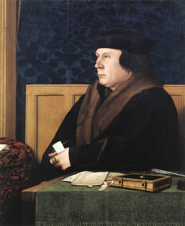 Thomas Cromwell in a dark gown and cap, holding a paper, seated at a table