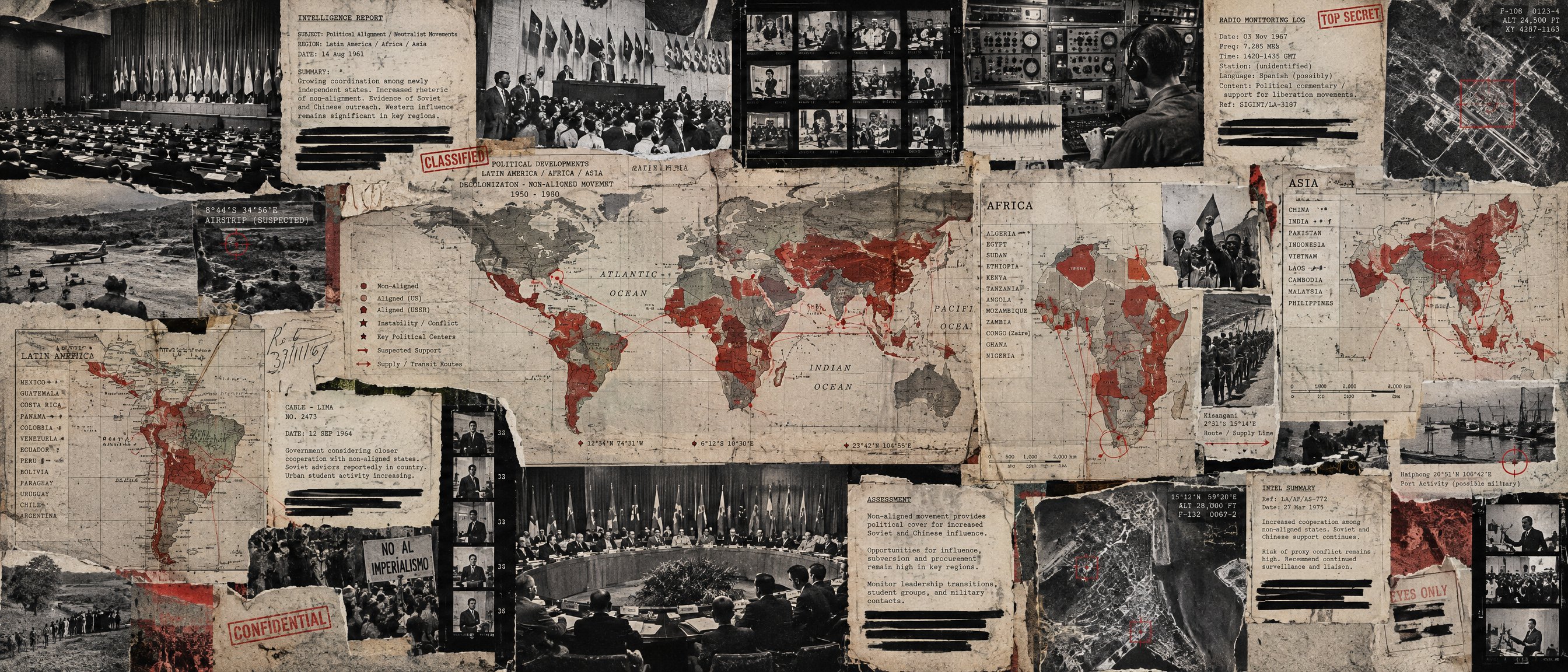 Illustration: a Cold War intelligence collage of a non-aligned-movement conference and a map spanning Latin America, Africa and Asia.