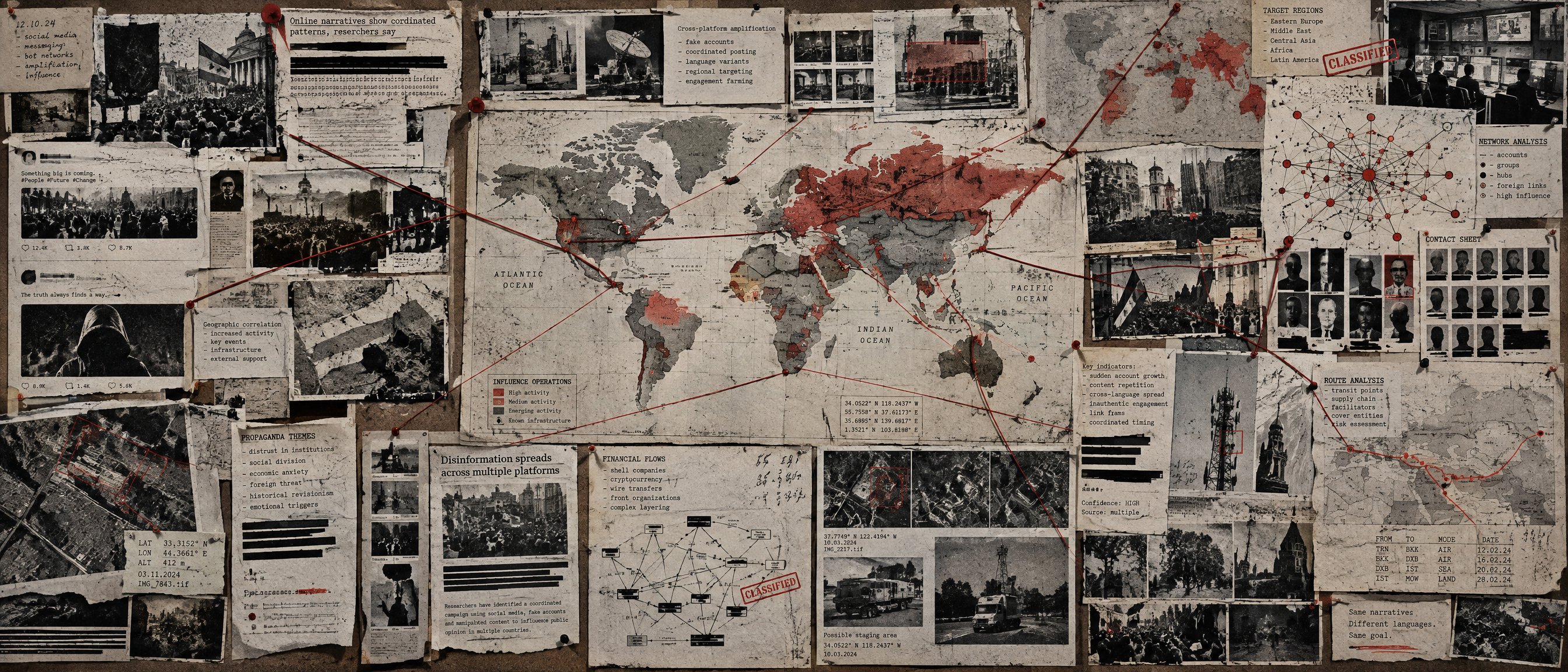 Illustration: a contemporary investigator's evidence wall of printed social-media posts, network diagrams and a pinned world map, in the same dossier style as the rest of the archive.