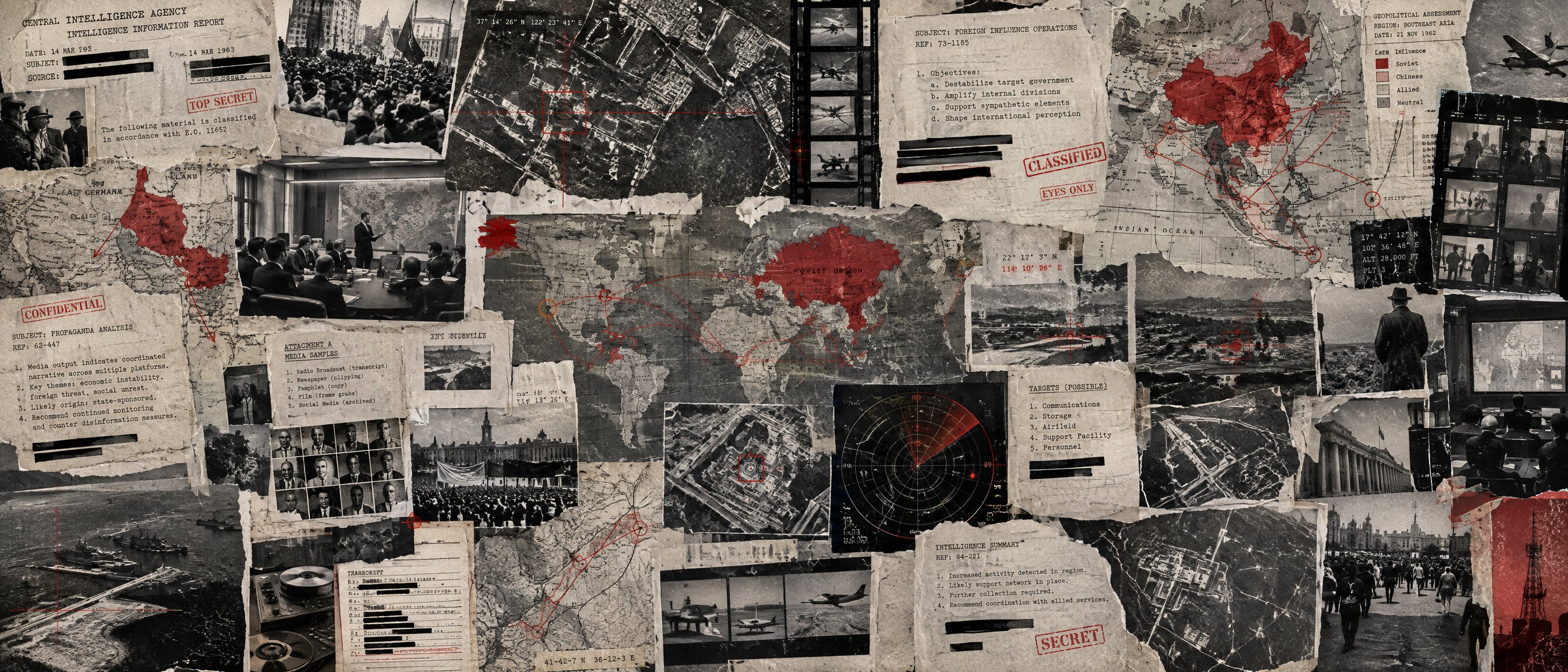 Illustration: a dense, generic Cold War intelligence analyst's evidence wall of press photography, redacted reports and aerial reconnaissance imagery.