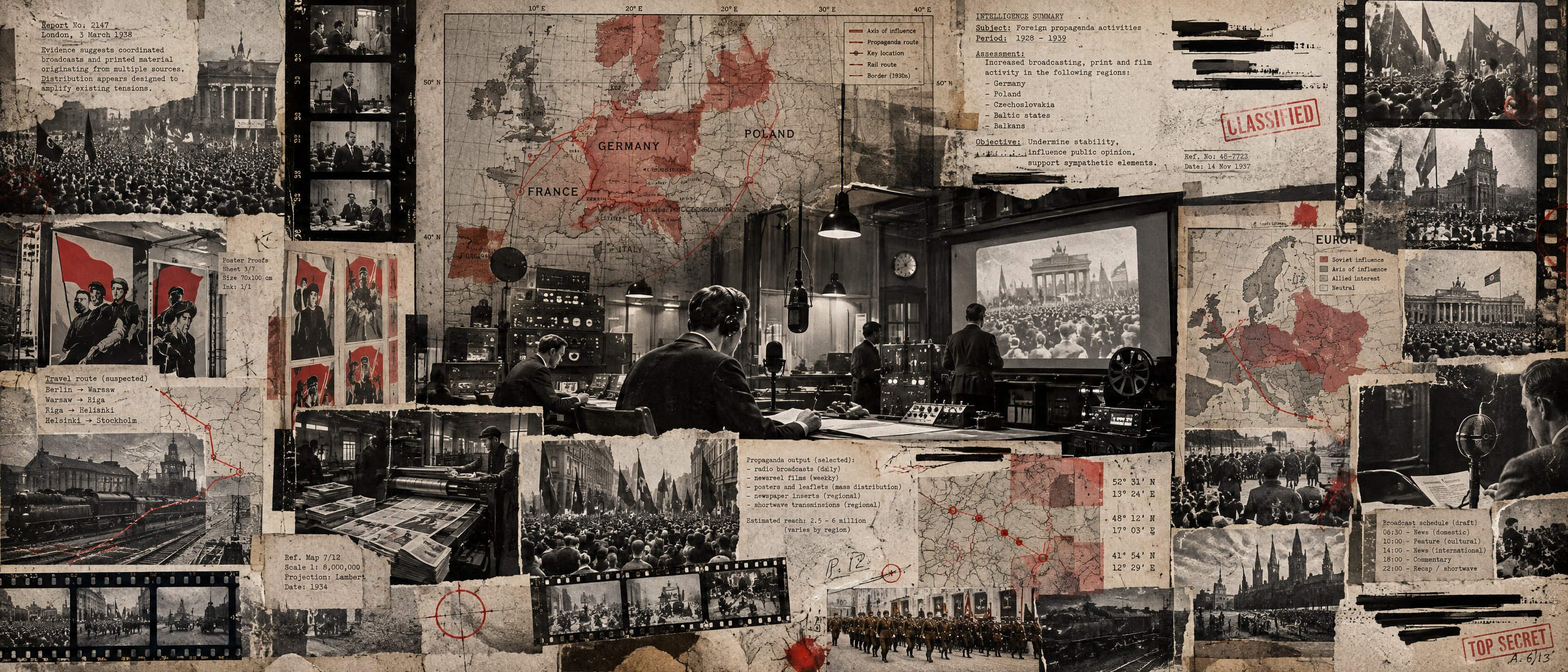 Illustration: an interwar radio-and-newsreel intelligence collage with a 1930s map of Europe and propaganda poster proofs.