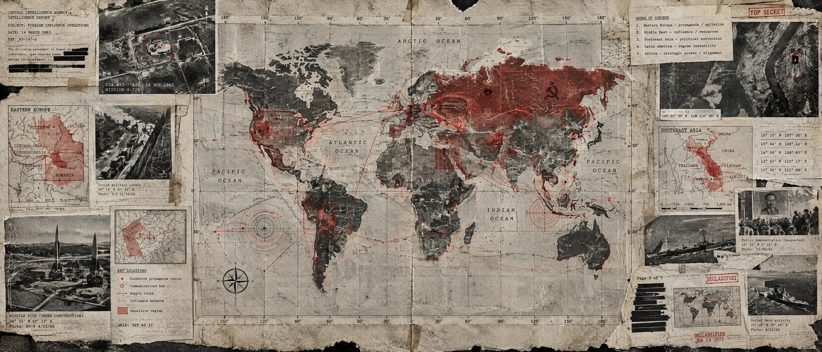 Illustration: a Cold War intelligence-dossier collage dominated by a distressed world map with connecting routes, coordinates and highlighted regions.