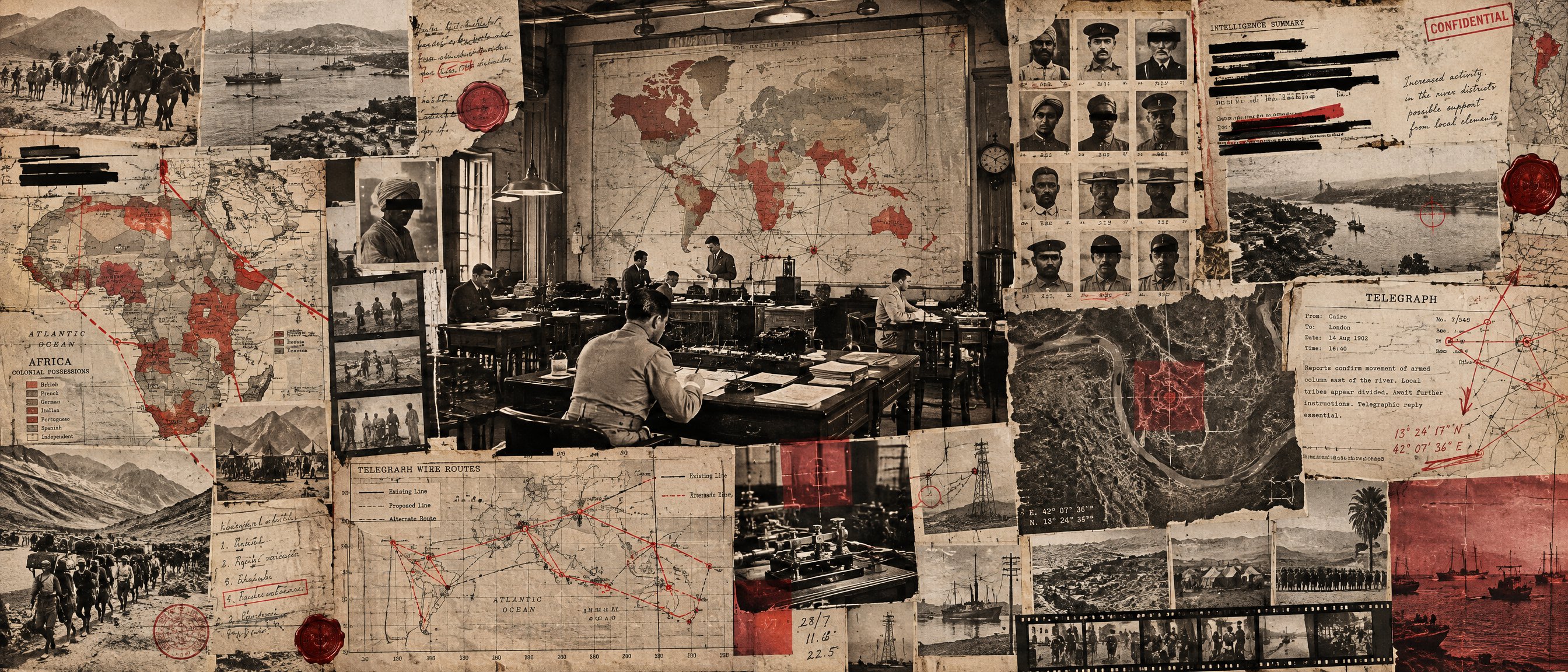 Illustration: a pre-1914 imperial intelligence-dossier collage of colonial telegraph logs, sepia field photography and empire maps.