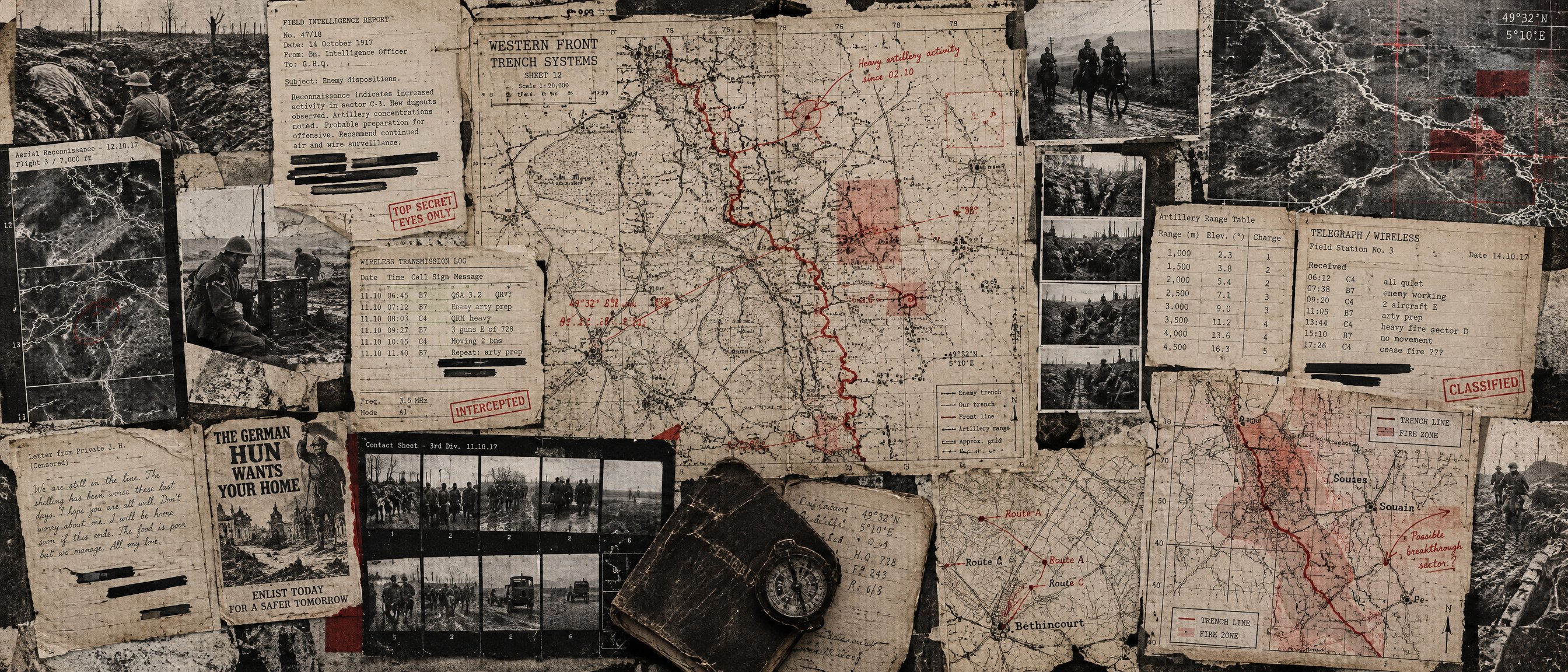 Illustration: a First World War field-intelligence collage of trench maps, wireless transmission logs and aerial reconnaissance photographs.