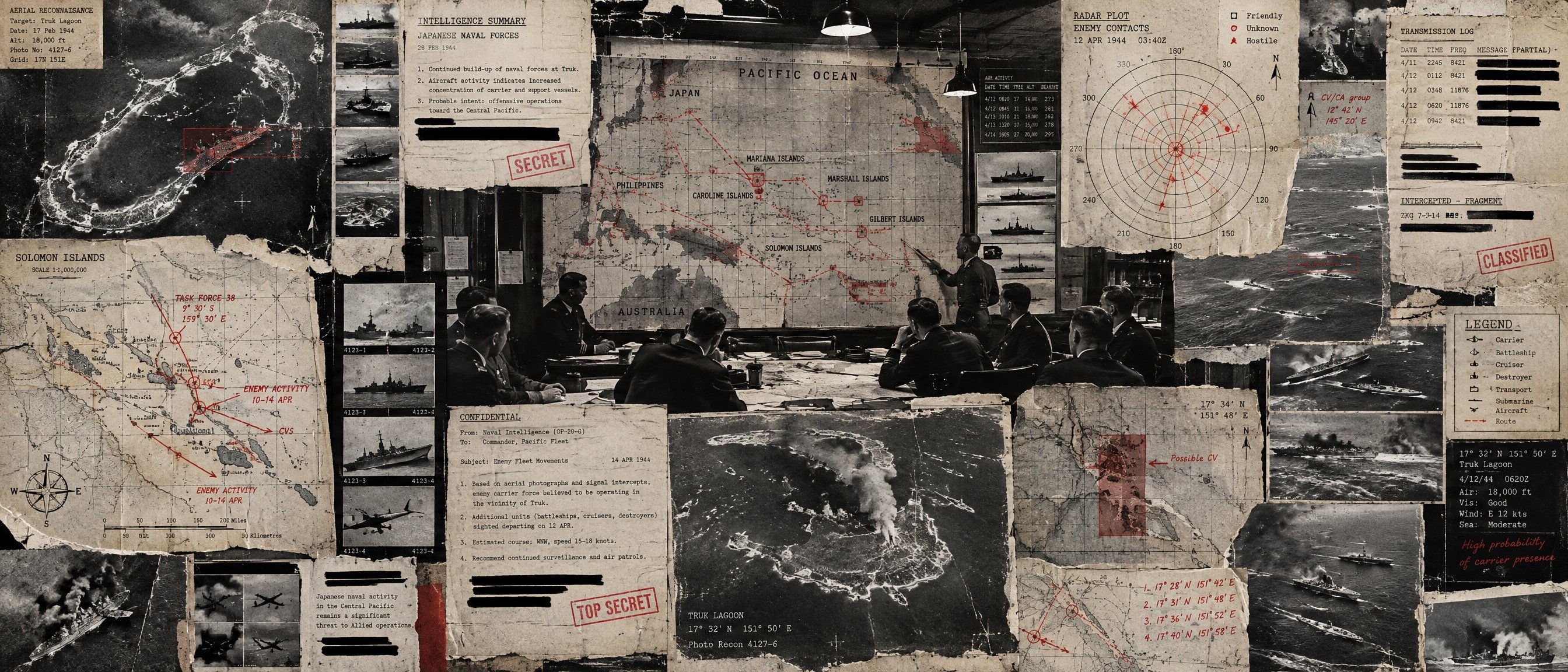 Illustration: a Second World War naval-intelligence collage of a Pacific theatre map, aerial reconnaissance photographs and radar plots.
