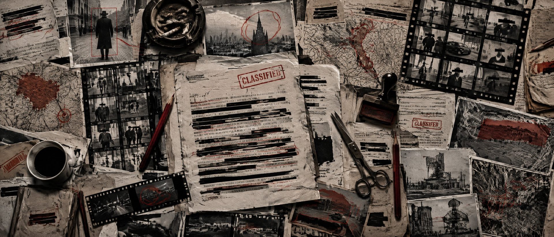 Illustration: a censor's desk with letters under black redaction bars, red pencils, scissors and stamps.