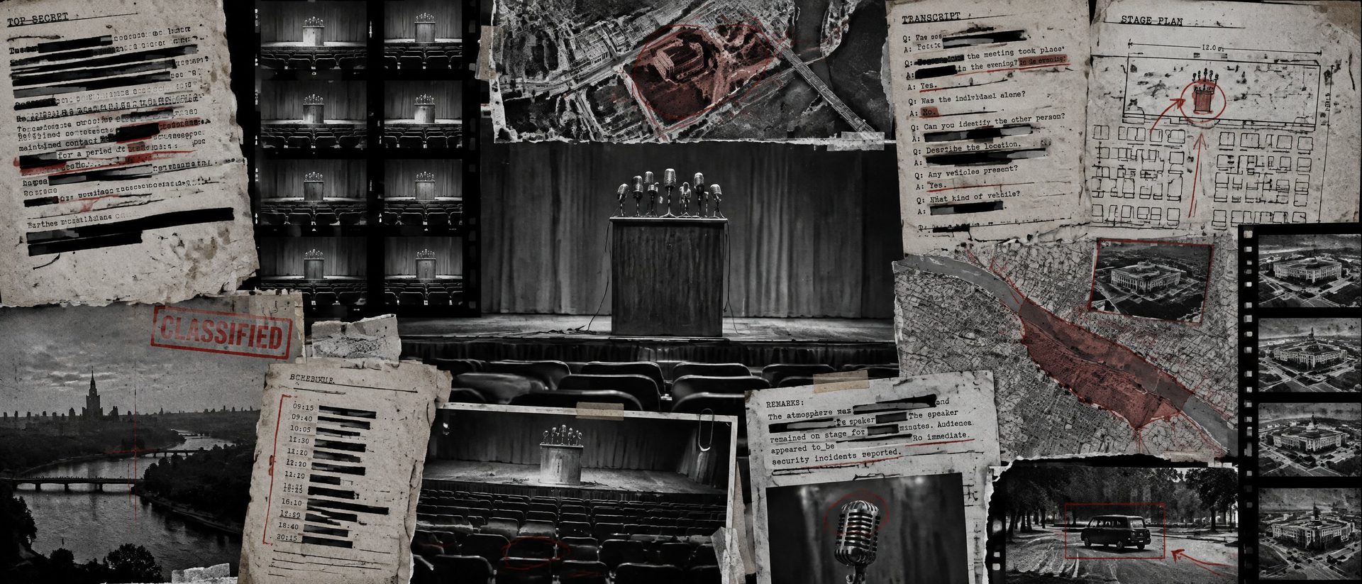 Illustration: an empty speaker's podium with a cluster of vintage microphones and rows of empty chairs.