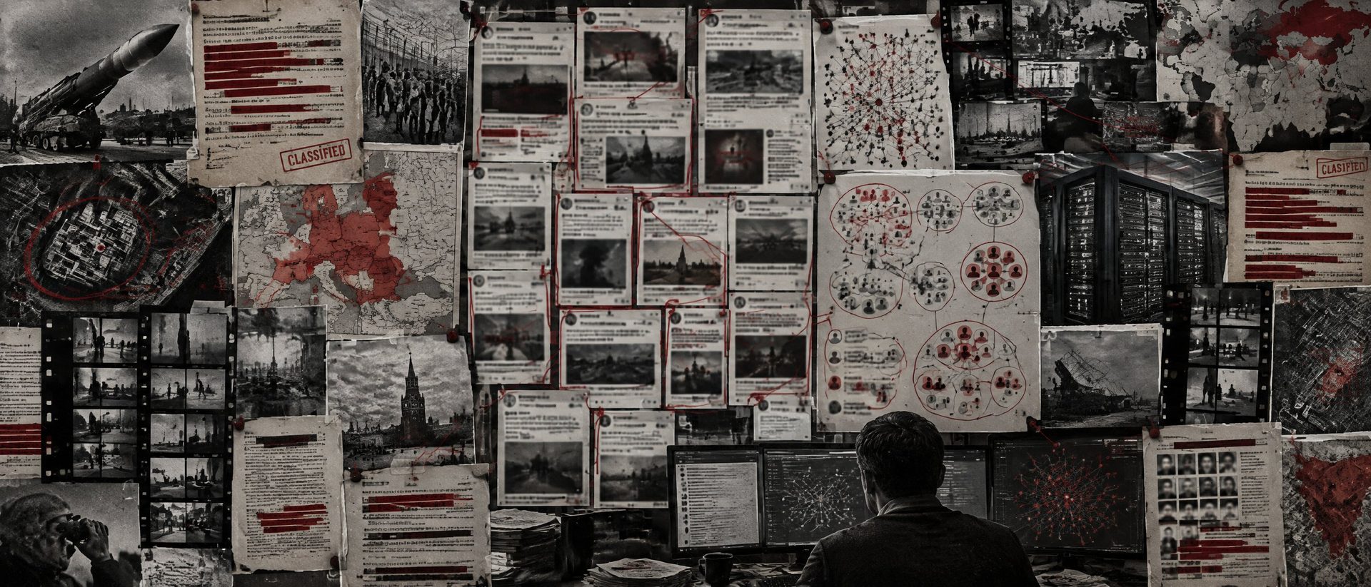 Illustration: a contemporary analyst's wall of blurred printed posts, network graphs and a server rack.