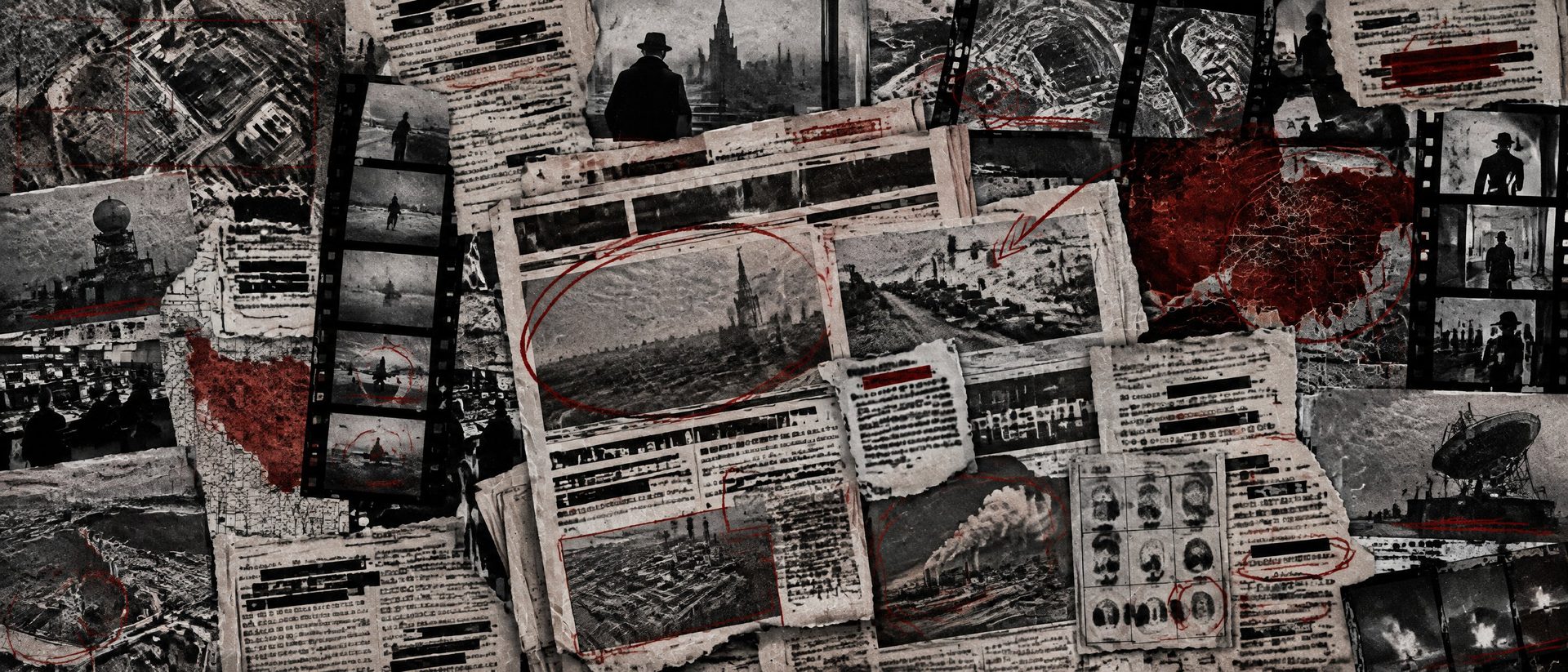 Illustration: overlapping newspaper front pages with unreadable headlines, red grease-pencil circles and clippings.