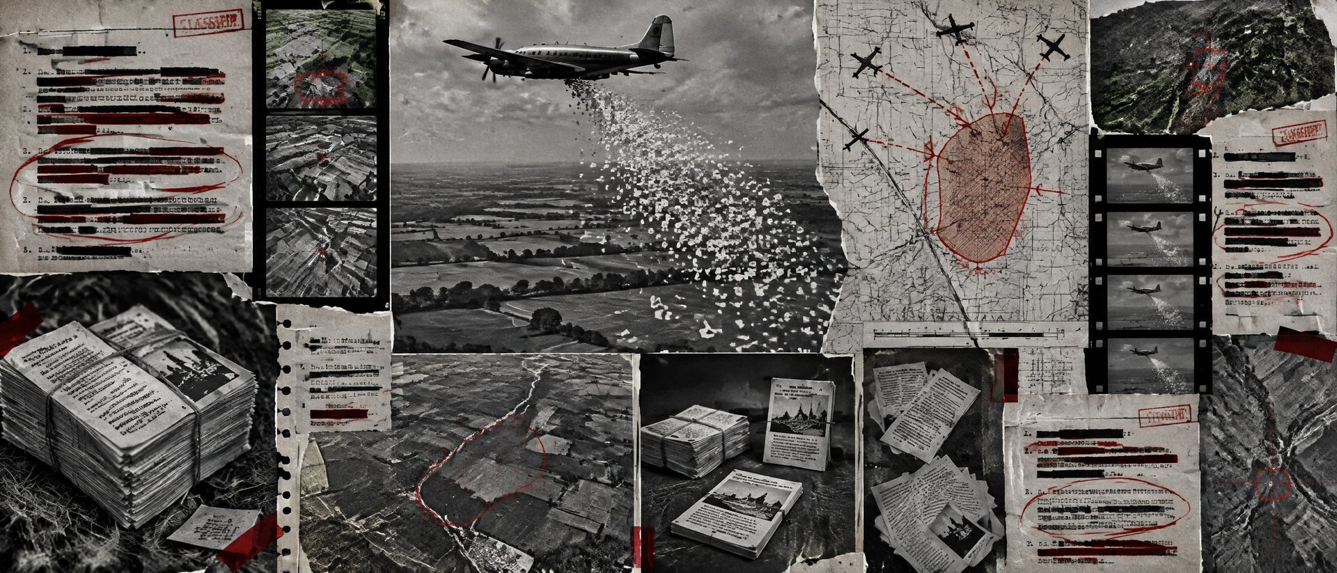 Illustration: an aircraft scattering leaflets over farmland, with drop-zone maps and bundles of pamphlets.