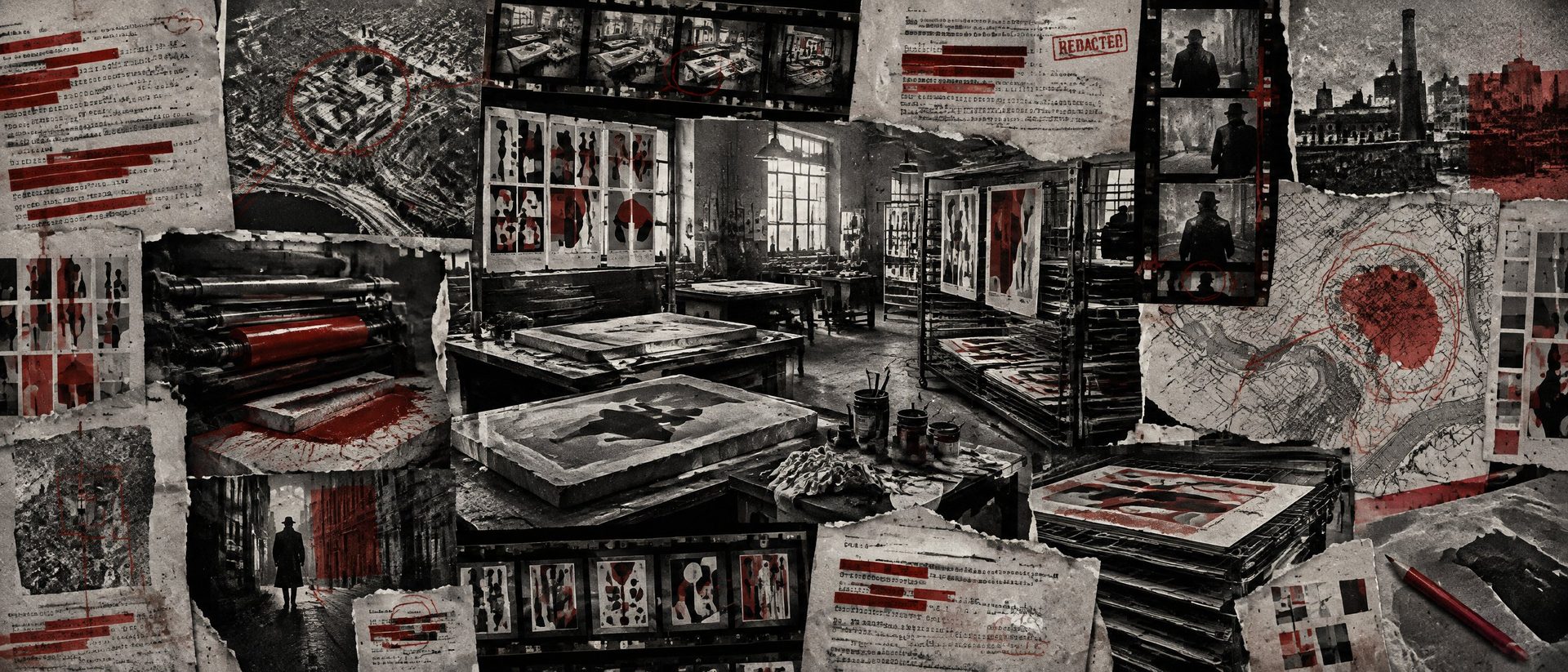 Illustration: a lithographic poster workshop with inked stones, colour-separation proofs and drying racks.