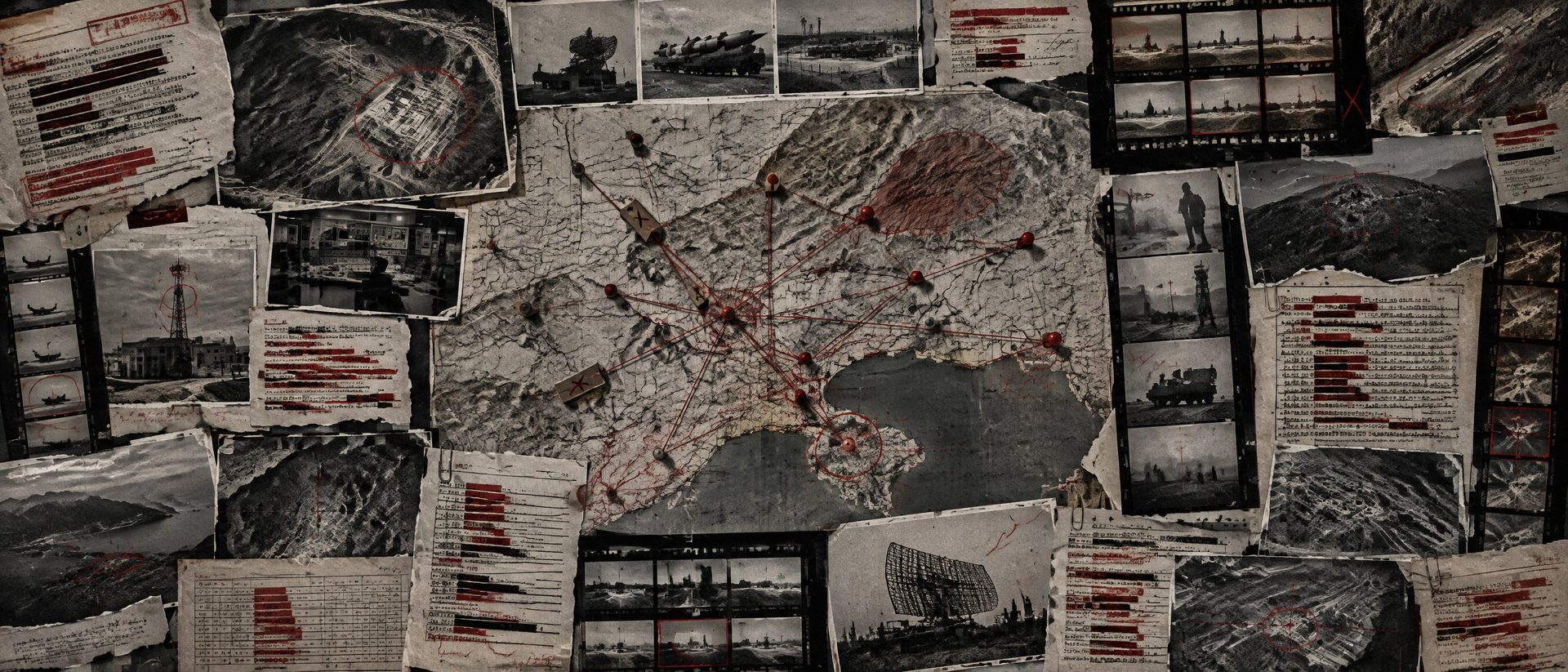 Illustration: a map table with pins and red string across an unnamed region.