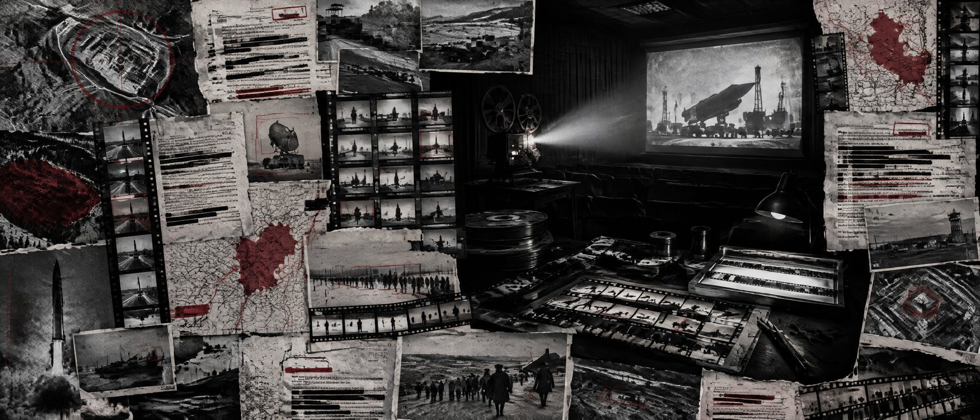 Illustration: a newsreel projector beam in a dark screening room with film strips and contact sheets.