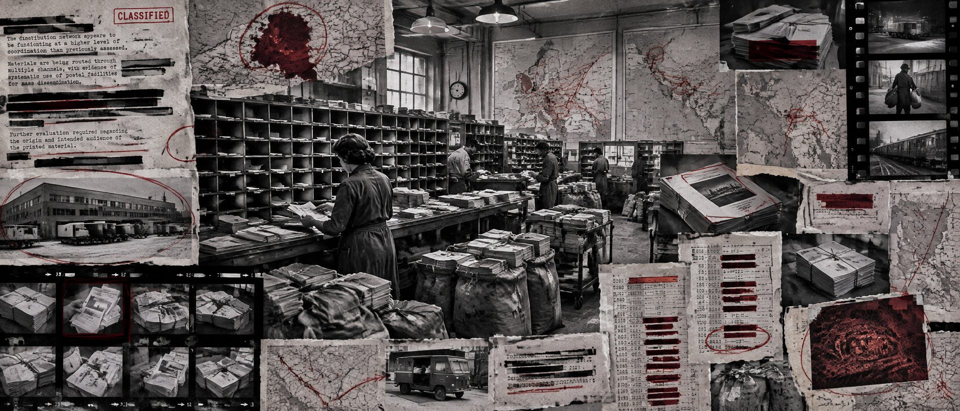 Illustration: a postal sorting room with mailbags, pigeonholes and bundles of mass-mailed pamphlets.