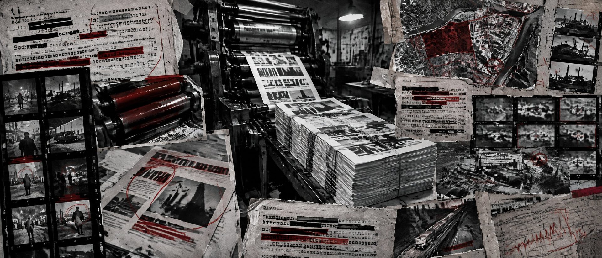 Illustration: a rotary printing press with bundles of printed leaflets and proof sheets.