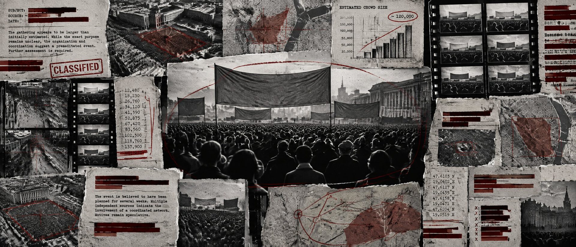 Illustration: a rally crowd seen from behind as anonymous silhouettes, with crowd-estimate charts.