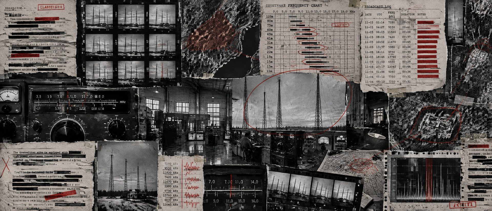 Illustration: a shortwave radio transmitter hall with antenna towers, frequency charts and broadcast logs.