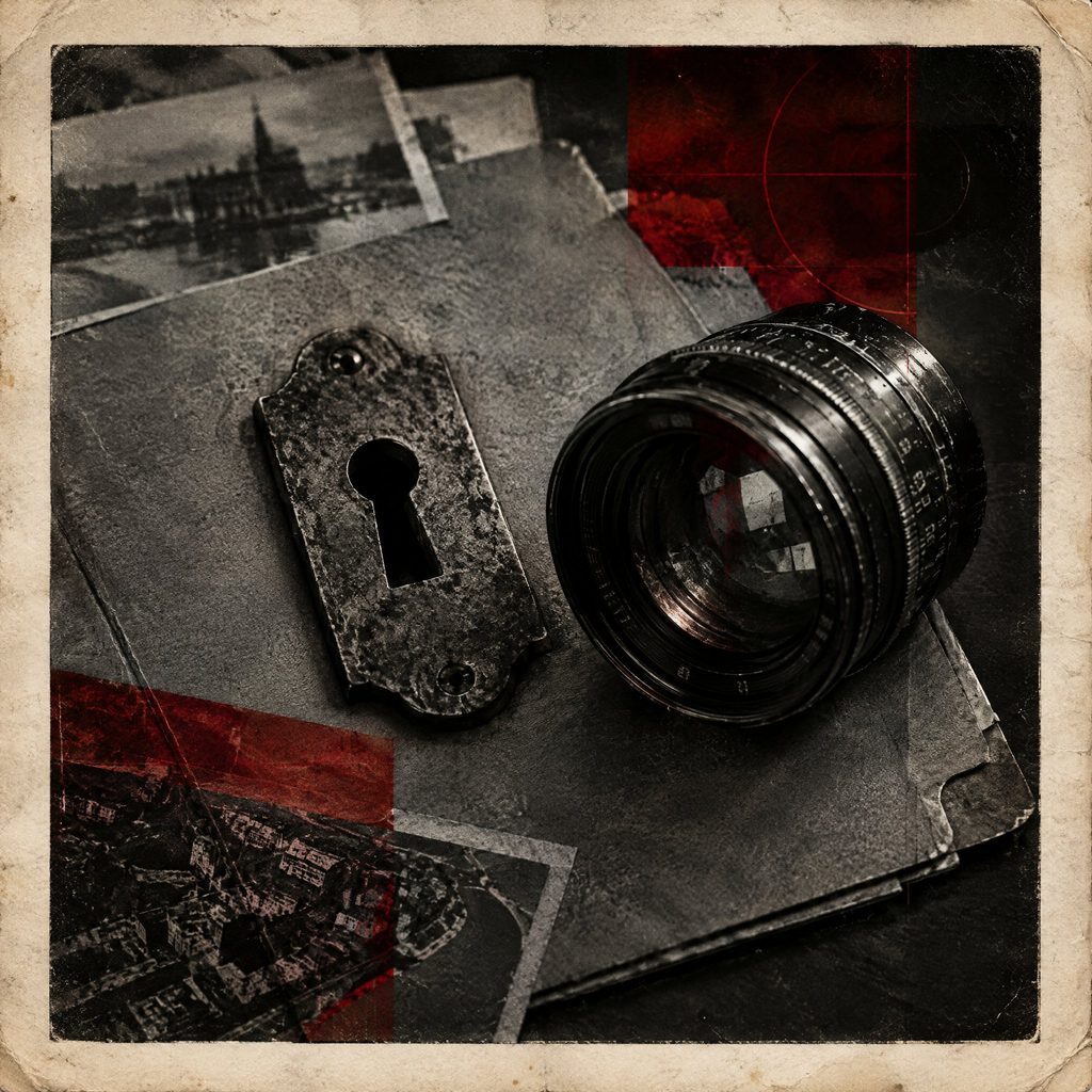 Illustration: an old keyhole plate and a camera lens on a dossier folder.