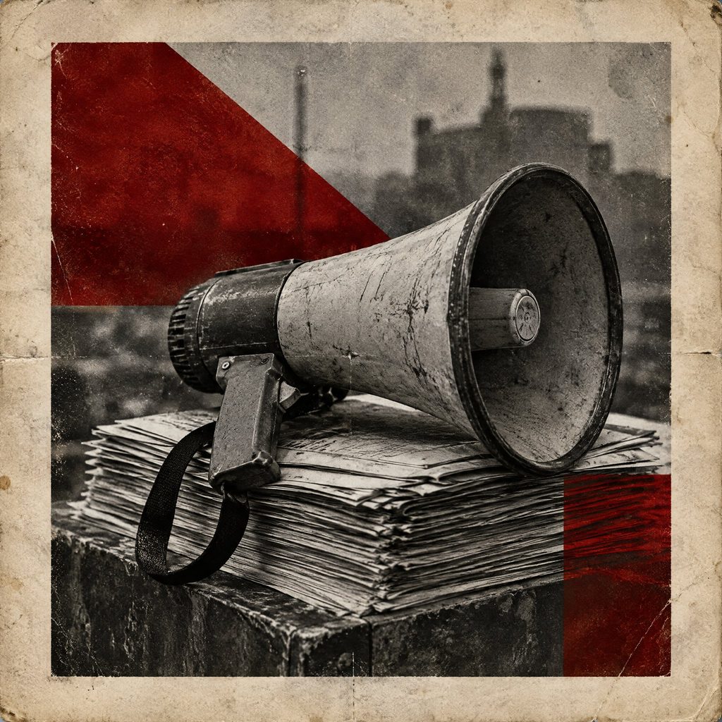 Illustration: a hand-held megaphone on a stack of leaflets.