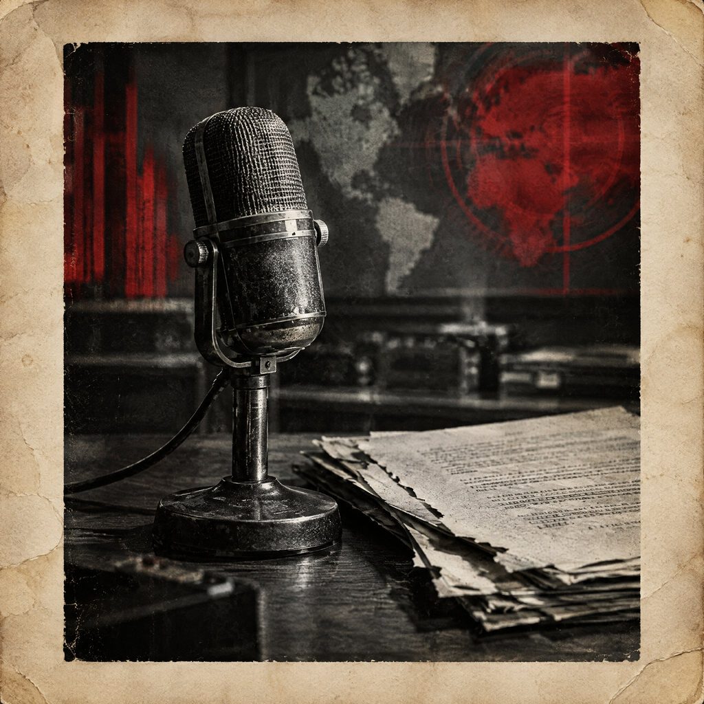 Illustration: a vintage broadcast microphone beside torn script pages.
