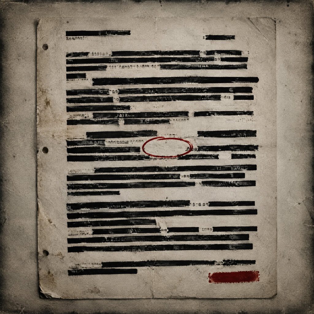 Illustration: a typewritten page with most lines blacked out and one red-circled gap.