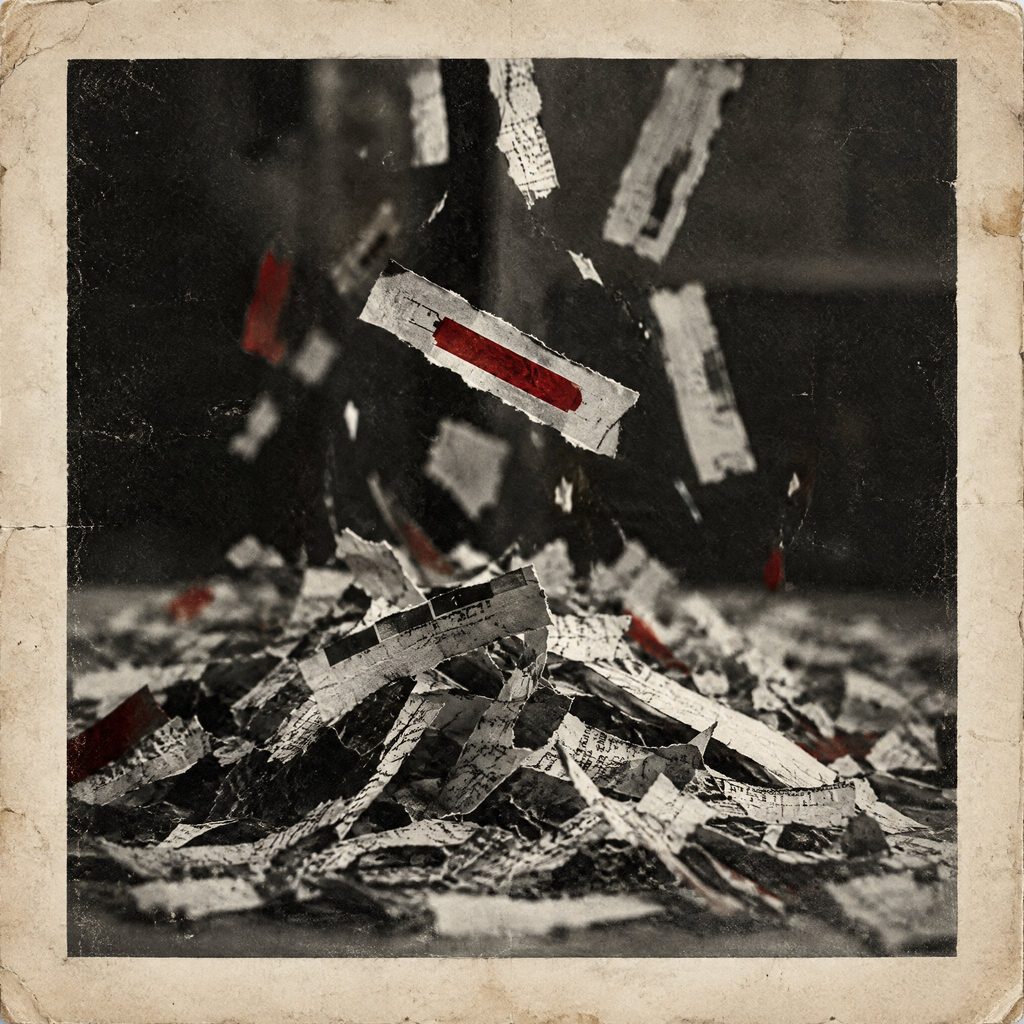 Illustration: shredded document strips falling into a pile, one with a red redaction bar.