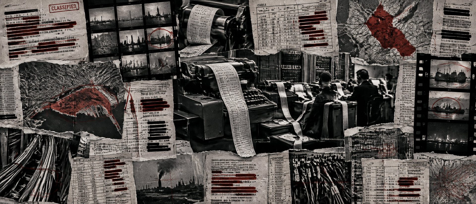 Illustration: a teleprinter and telegraph office with paper tape strips and intercepted cable forms.