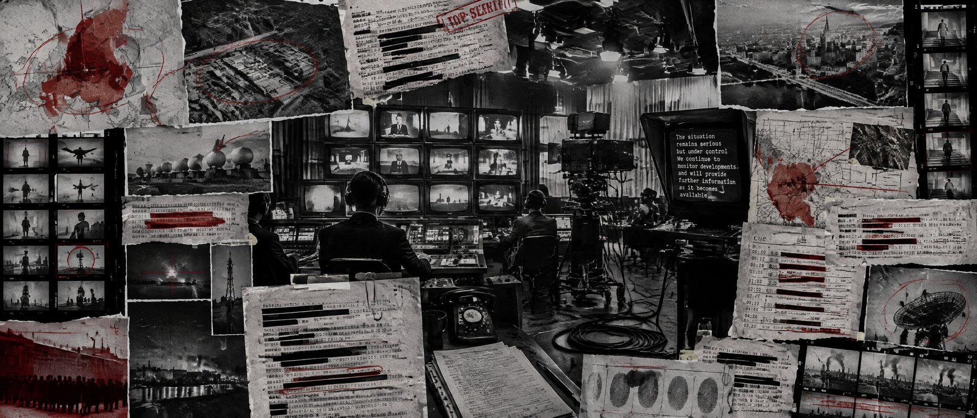 Illustration: a vintage television control room with monitor banks, camera cables and cue sheets.