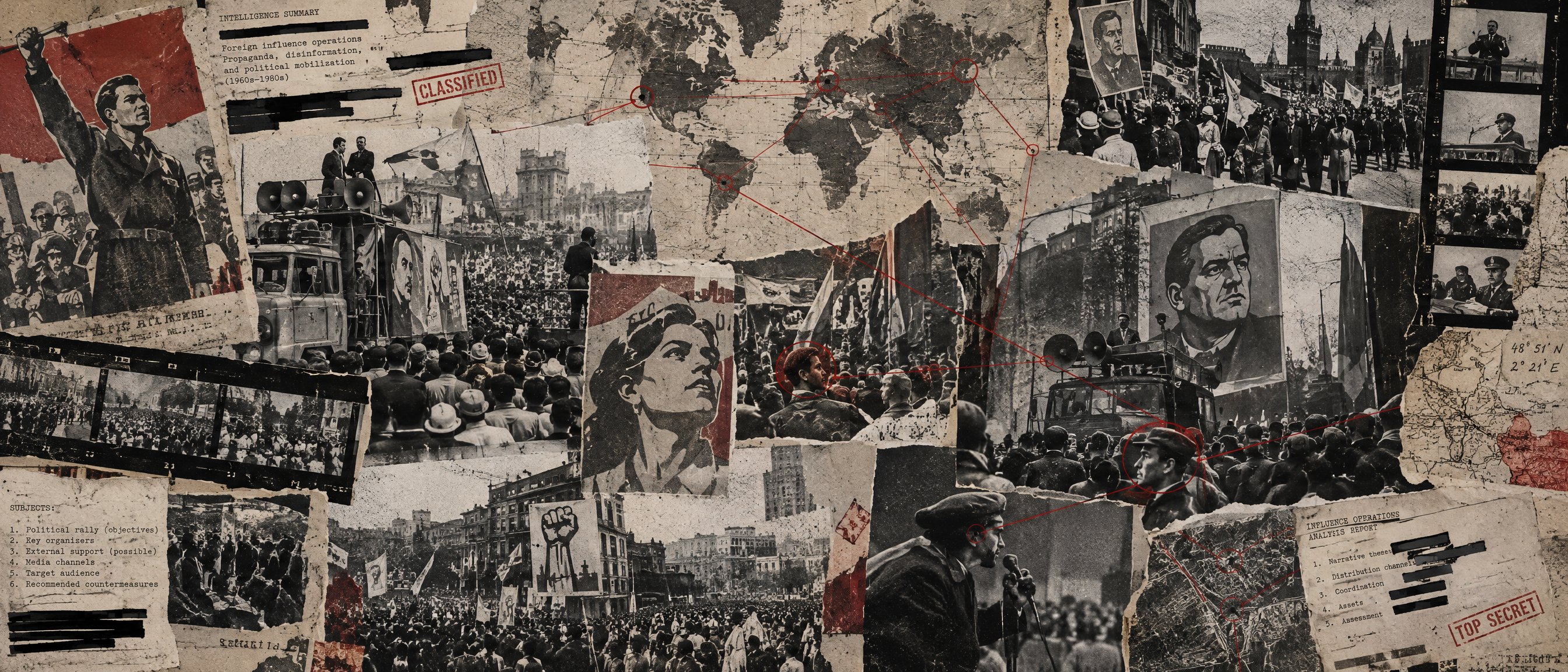 Illustration: a dossier collage of generic campaign-era posters, loudspeaker trucks and rally crowds.