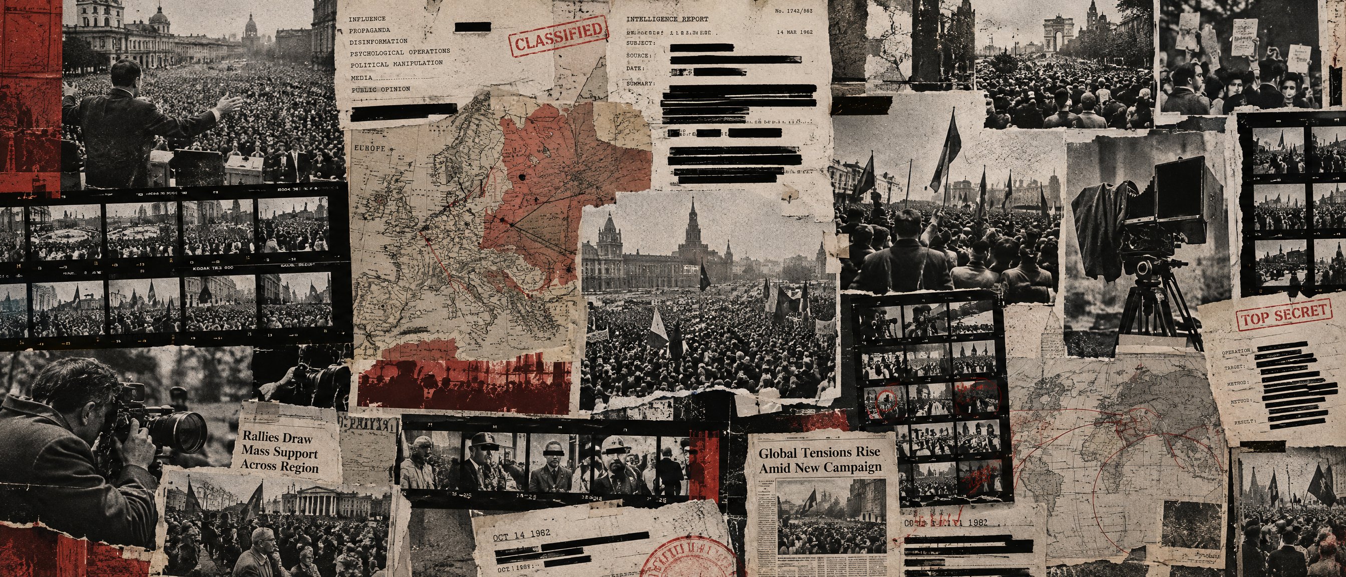 Illustration: a redacted-dossier collage of press photography, contact sheets and political crowds from multiple eras.