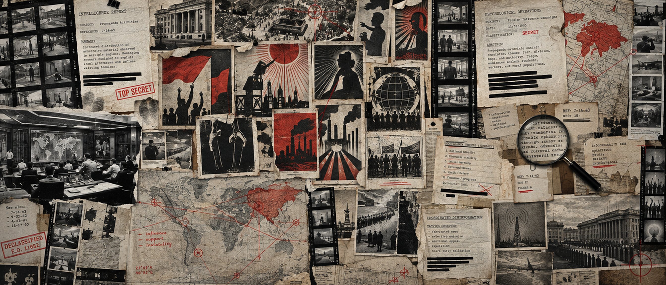 Illustration: a dossier collage of an evidence wall of pinned propaganda posters, leaflets and printed matter from many eras, with contact sheets and catalog labels.