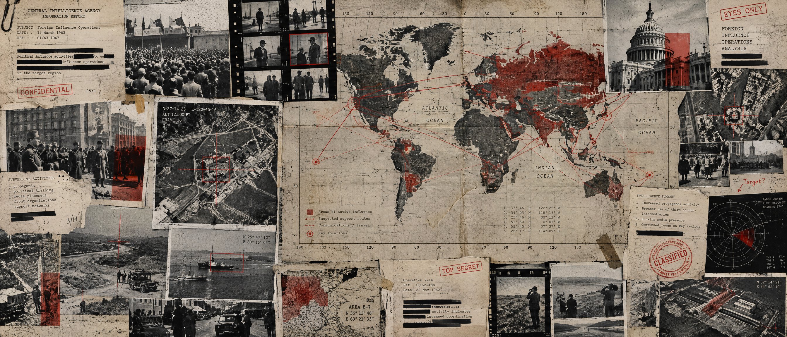Illustration: a redacted Cold War intelligence-dossier collage centred on a world map of influence operations, with the U.S. Capitol among the evidence.
