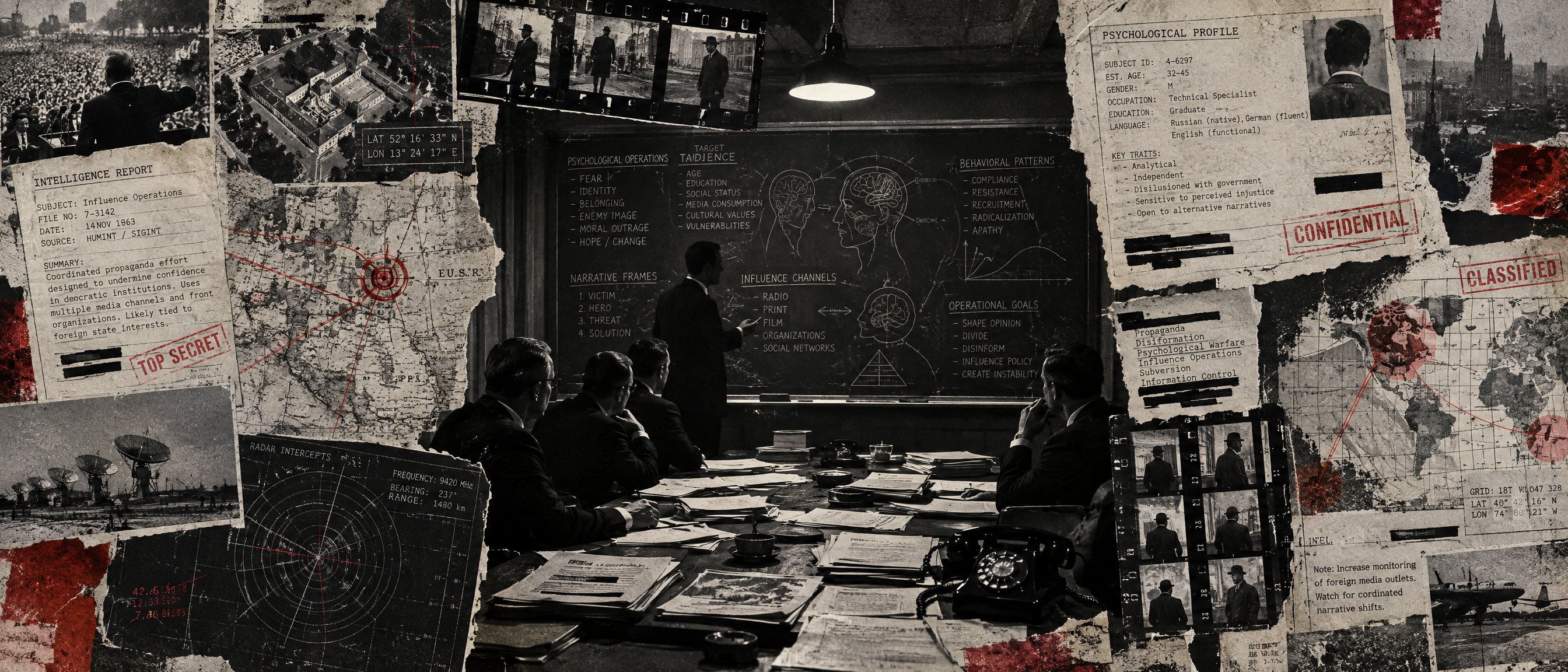 Illustration: a dossier collage of an intelligence briefing room with case files and behavioral-analysis notes on a chalkboard.