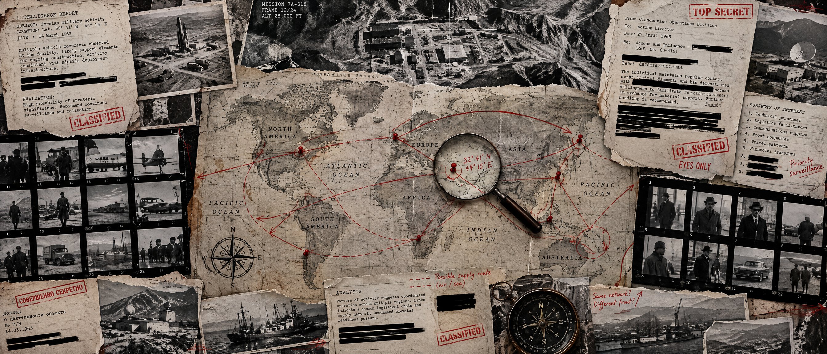 Illustration: a Cold War intelligence-dossier collage centred on an annotated world map with red grease-pencil lines connecting distant points and a magnifying glass over a marked coordinate.