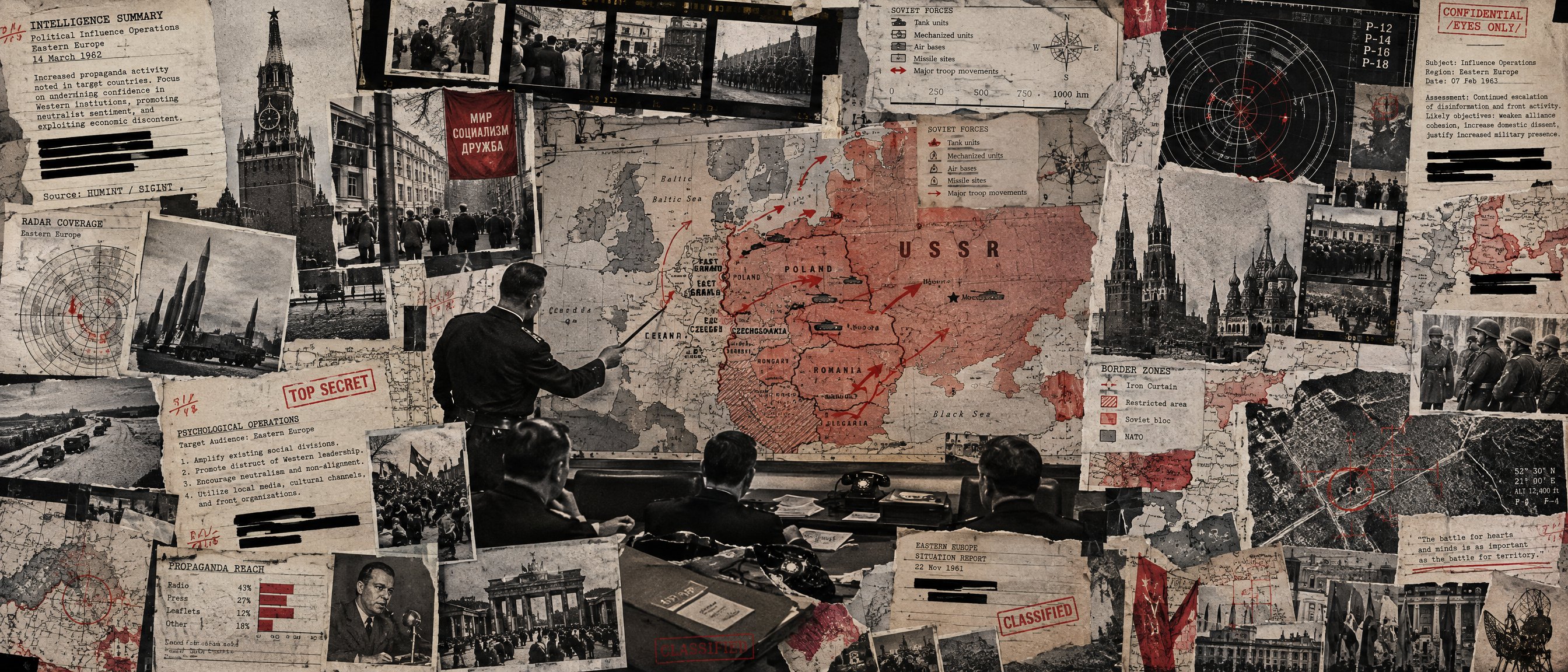 Illustration: a Cold War intelligence-briefing collage with the Kremlin, Eastern Bloc architecture and a reconnaissance map of Europe.