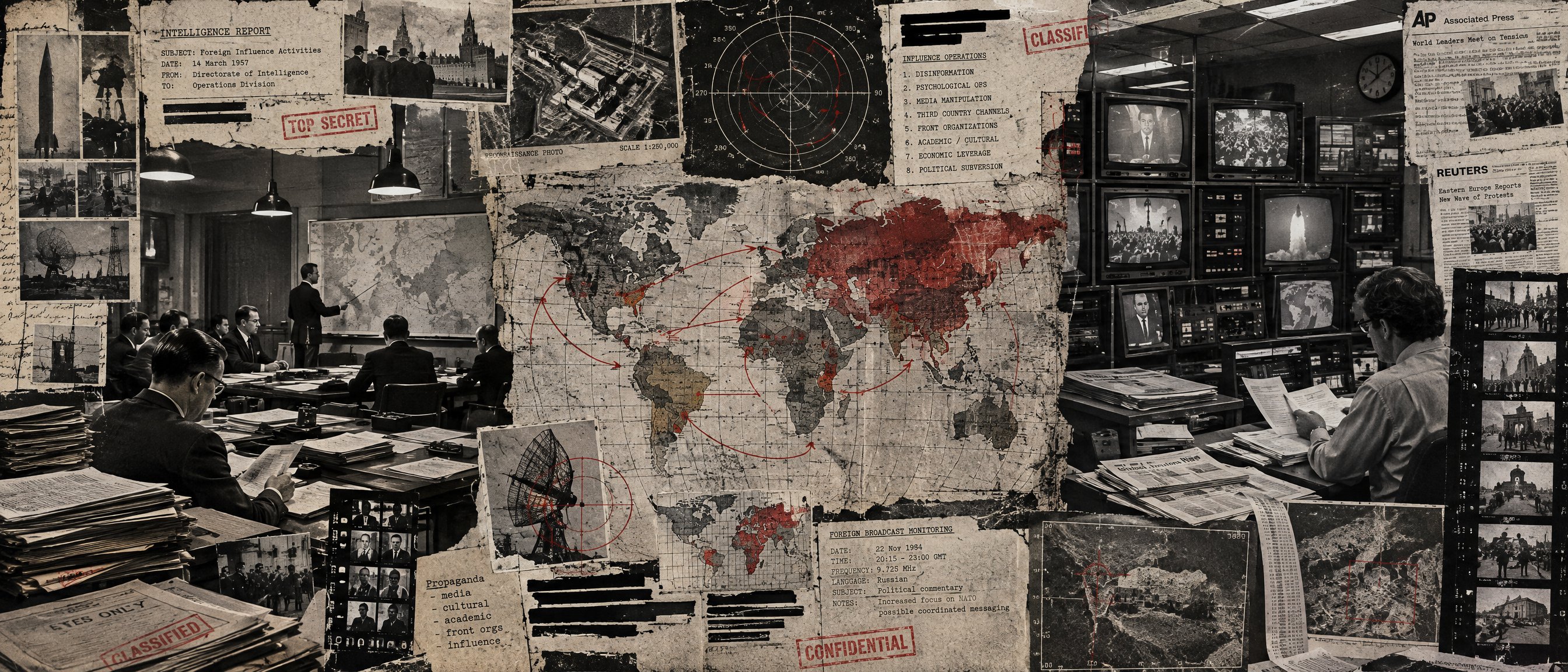 Illustration: a split dossier collage contrasting a 1950s intelligence briefing room with an analog newsroom monitoring wall.