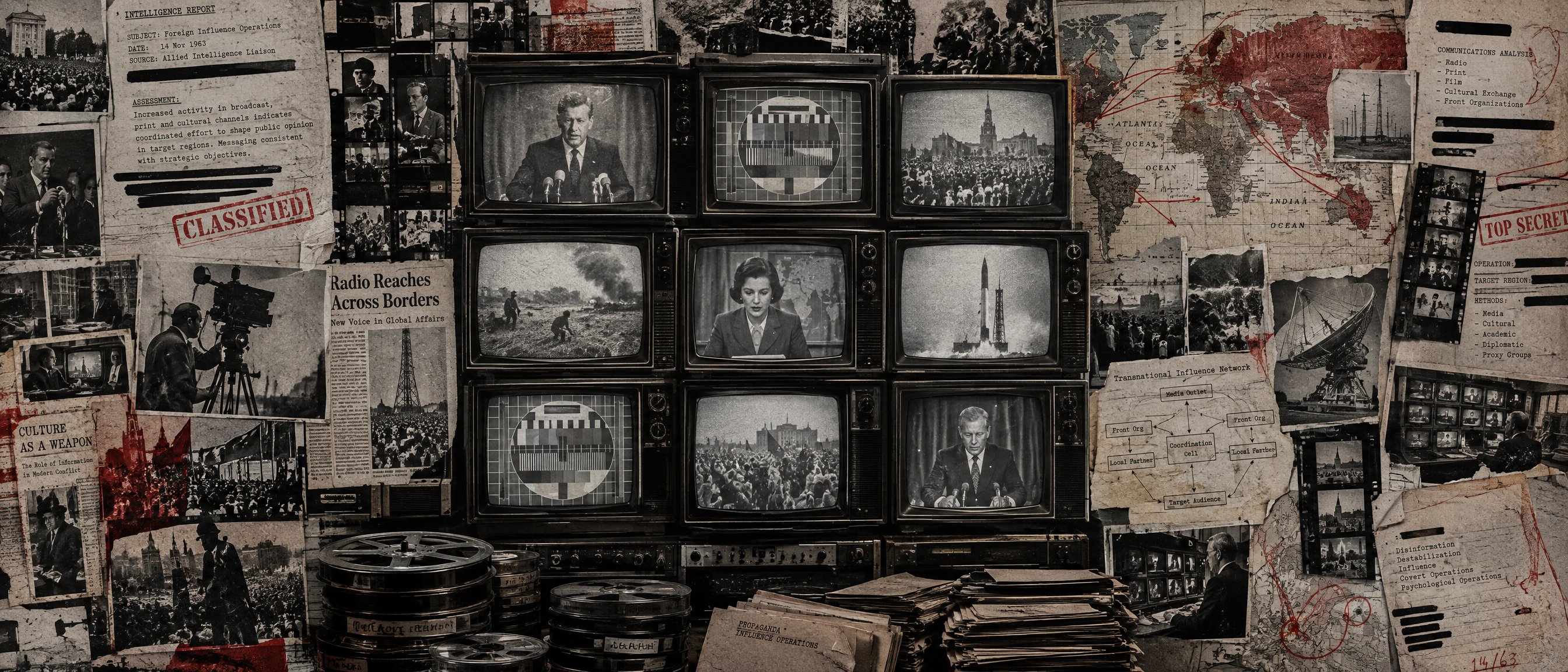 Illustration: a dossier collage of a vintage television wall broadcasting archival news footage, surrounded by press clippings and film reels.