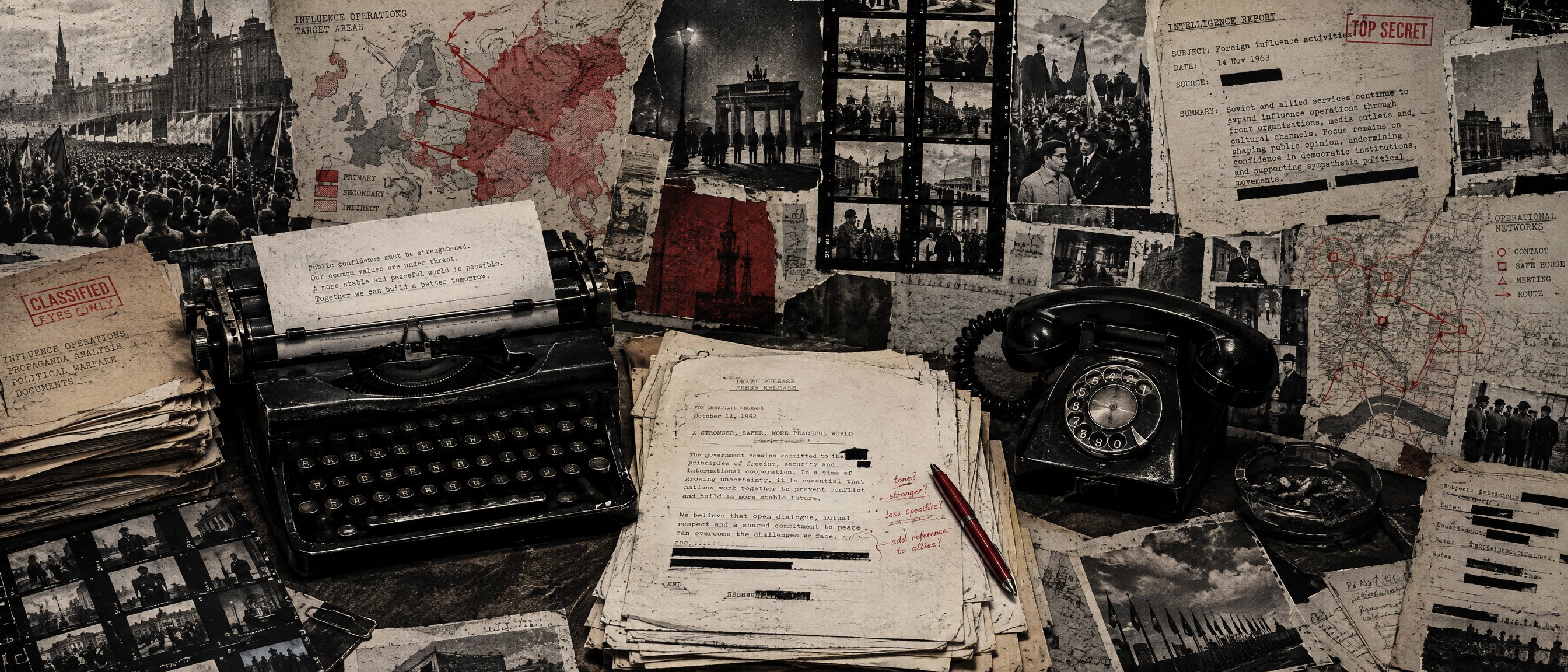 Illustration: a dossier collage of a typewriter, drafted press releases and an annotated speech transcript.
