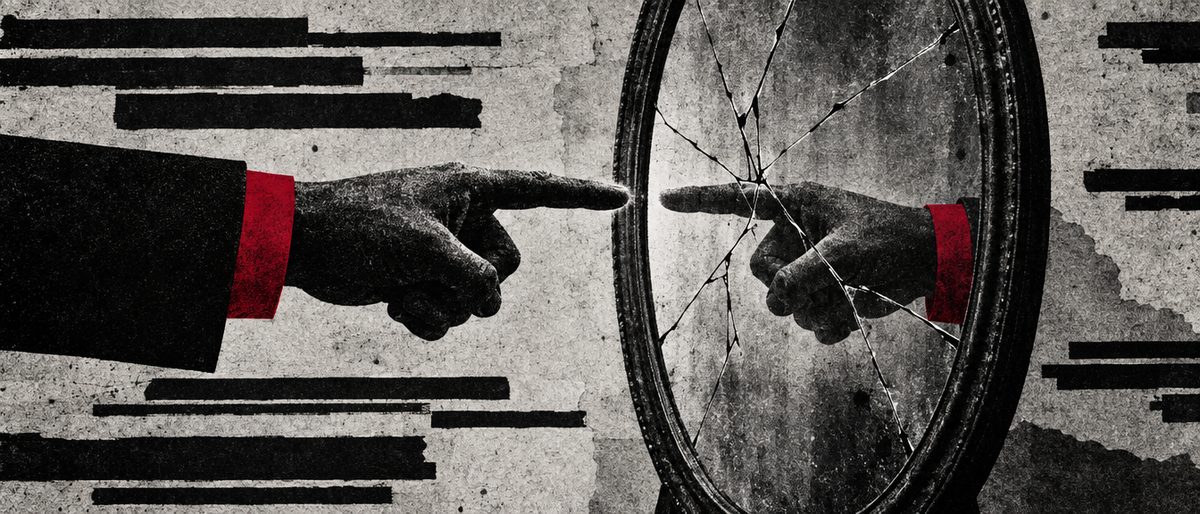 Illustration: a pointed accusing finger reflected in a cracked mirror, the accusation aimed back at its own source.