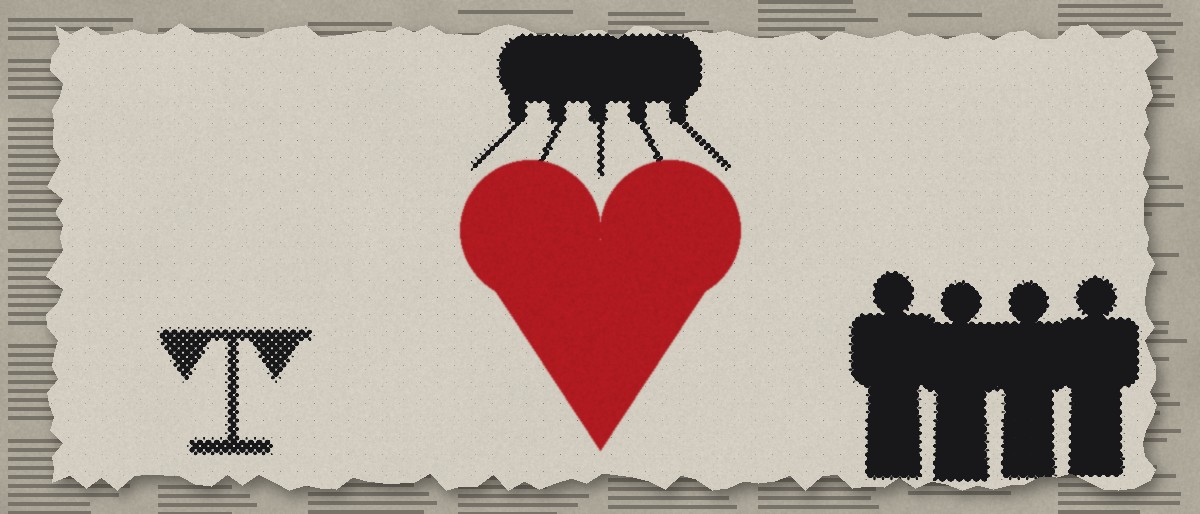 Illustration: a hand pulling strings attached to a large red heart, with a small unused scale of reasoning to one side and a crowd on the other.