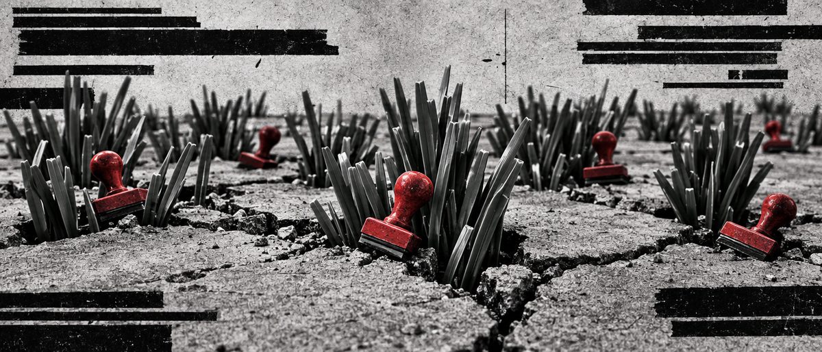 Illustration: plastic astroturf blades pushing up through cracked concrete, with identical rubber stamps scattered among the blades.
