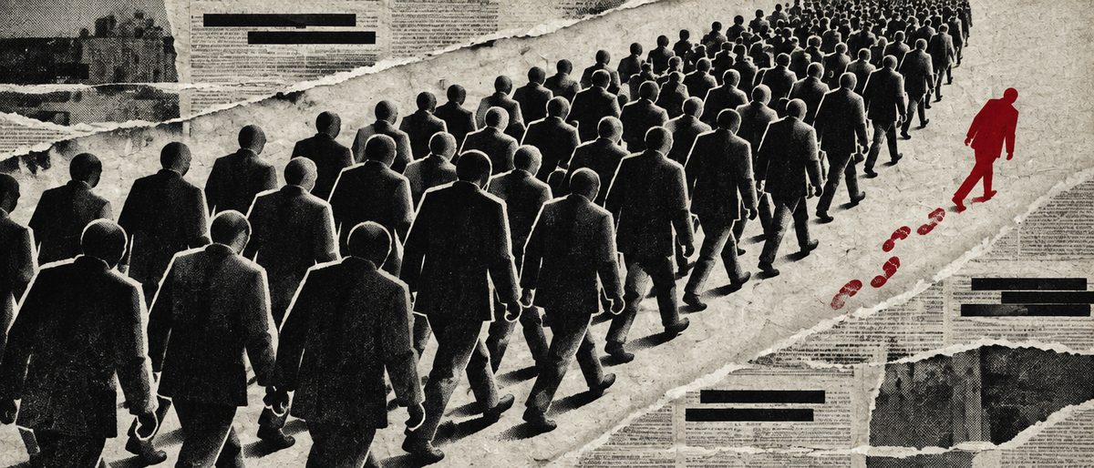 Illustration: a crowd of identical silhouette arrows all pivoting to point the same direction, one holdout arrow left facing the other way.