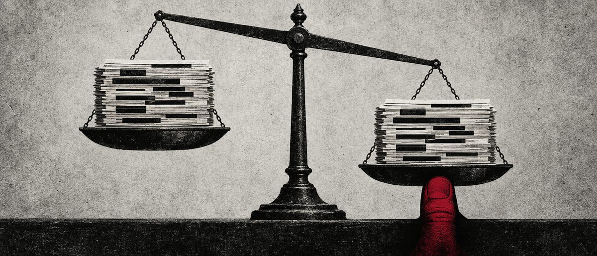 Illustration: a balance scale holding two identical stacks of redacted paper, one pan quietly pressed down by a hidden thumb.