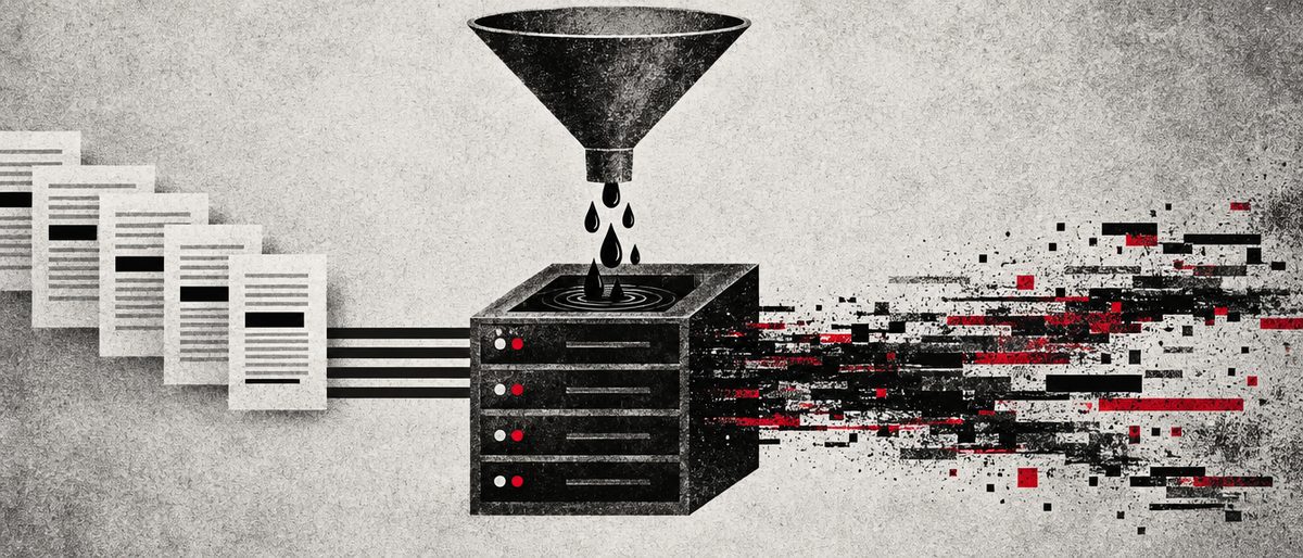 Illustration: a funnel pouring dark ink into a stylized database block, with corrupted glitch-text bleeding out the other side.