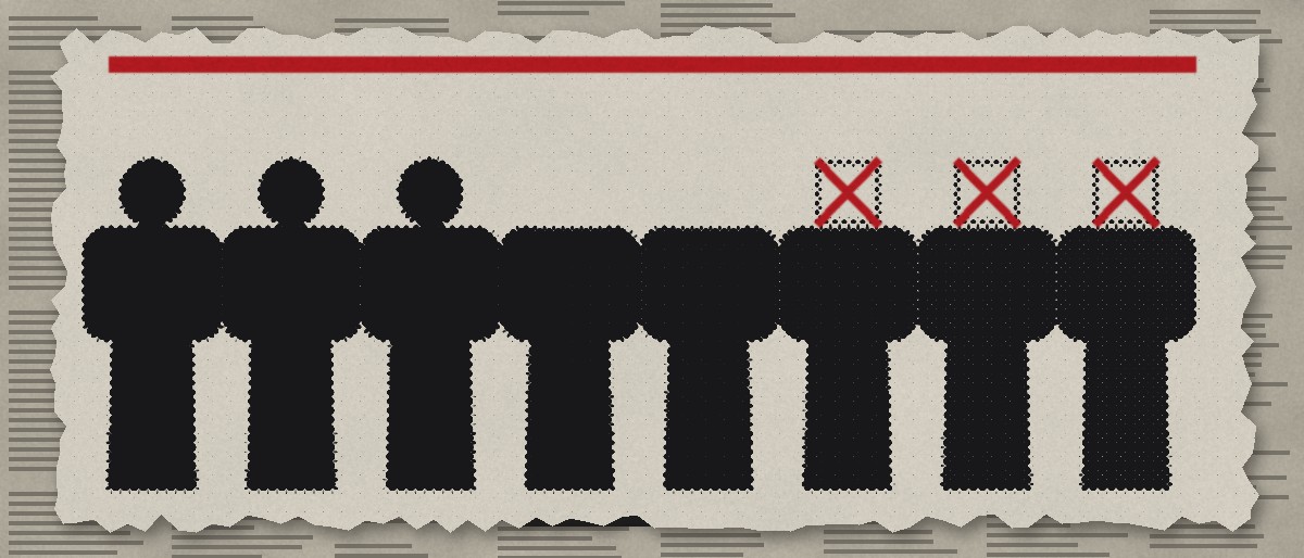 Illustration: a row of silhouettes whose heads turn into blank boxes one by one, the last three crossed out in red under a red label bar.