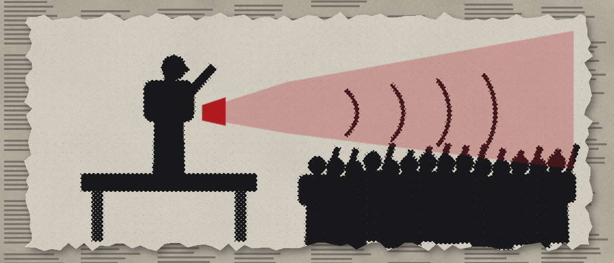 Illustration: a speaker on a platform with a red megaphone cone sweeping over a crowd with raised arms.
