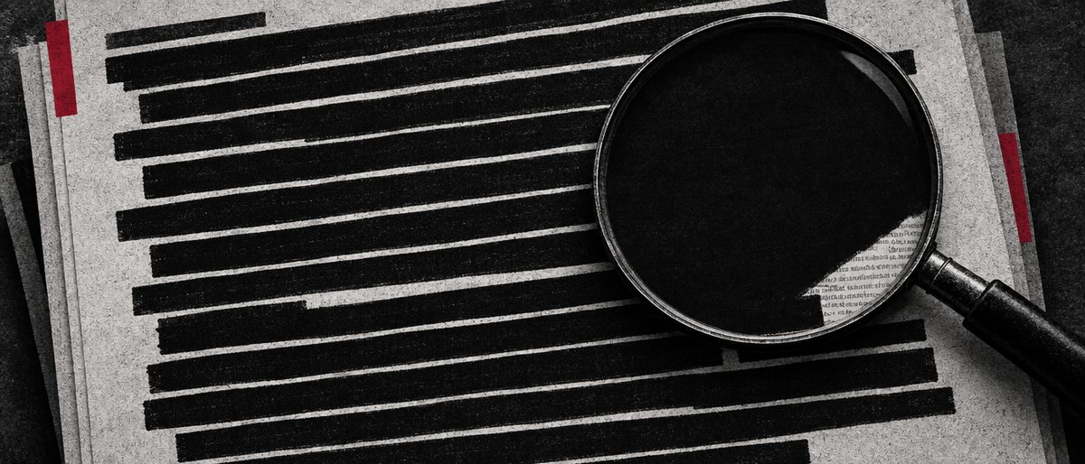 Illustration: an oversized magnifying glass over a blank redacted page, revealing only a tiny sliver of fine print in one corner.